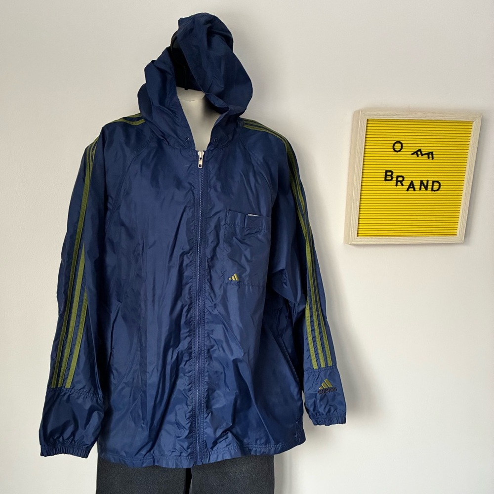 Adidas Men's Navy Windbreaker with Green Stripes